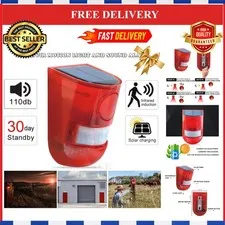 Solar Motion Sensor Alarm Siren 110dB Strobe Waterproof Outdoor Security