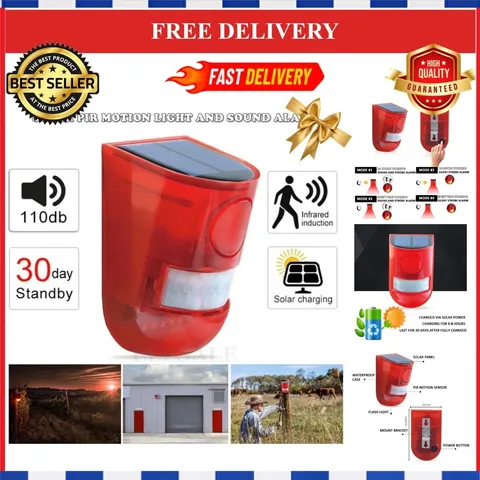 Solar Motion Sensor Alarm Siren 110dB Strobe Waterproof Outdoor Security