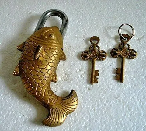 Handmade Vintage Style Fish shape Brass Padlock with Keys Working Functional F1