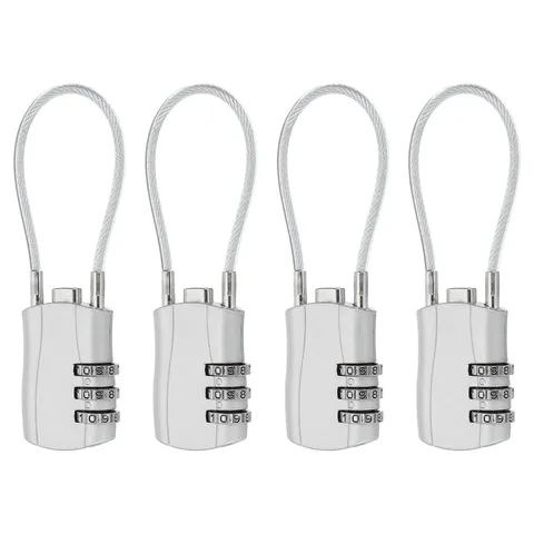 4 Pcs 3 Digit Luggage Cable Combination Lock with 5" Long Cable, Silver
