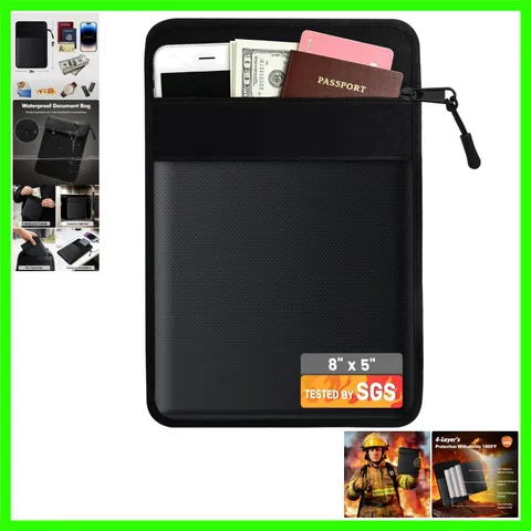 Secure Fireproof Money Bag 8x5.3in - Waterproof Organizer for Cash & Documents
