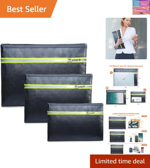 Fireproof Document Bag – 3 Pack 15" x 11", 13" x 9.7", 10.5" x 8" Fireproof &...