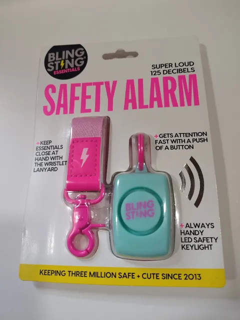 Bling Sting Safety Alarm 125dB Pink Light Blue Wristlet Lanyard LED Keylight