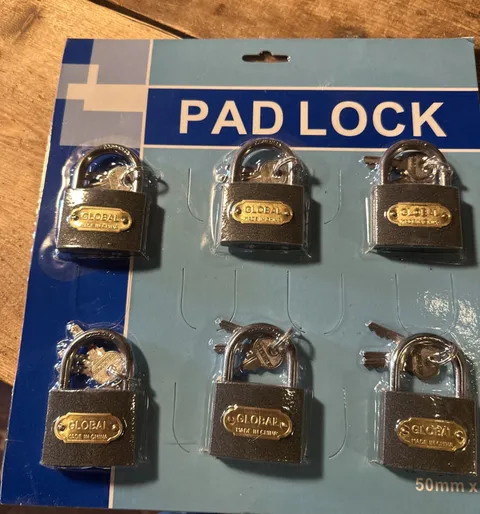 Lot of 6 Global Pad Locks With 3 Keys Heavy Duty Steel 50mm X 6 Brand New