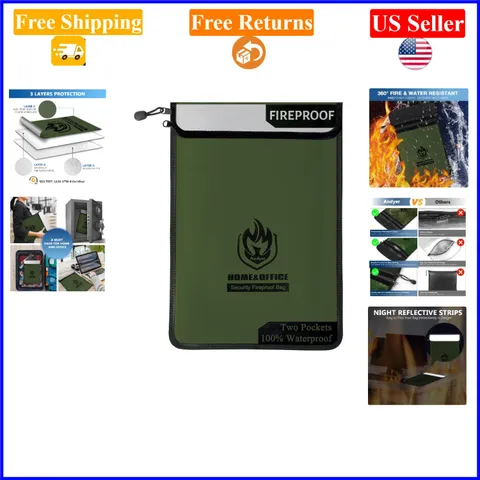 Green Fireproof Document Bag 15x11, Waterproof & Zippered Safe Organizer