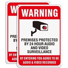 2 Pack “Warning Premises Protected by 24 Hour Audio and Video Surveillance”, ...