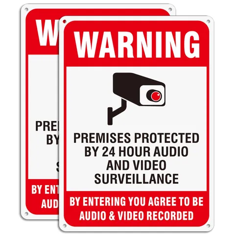 2 Pack “Warning Premises Protected by 24 Hour Audio and Video Surveillance”, ...