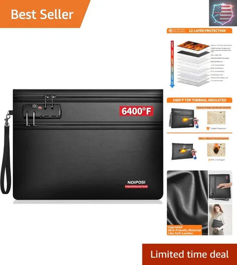 6400℉ Fireproof Money Bag with Lock,Dual-Zip Compartments Fireproof Document ...