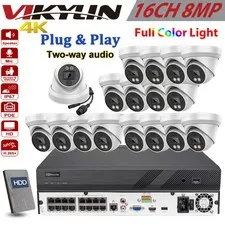 Vikylin 16CH 16POE NVR 4K 8MP Full Color Turret IP Camera POE 2 Way Audio Lot