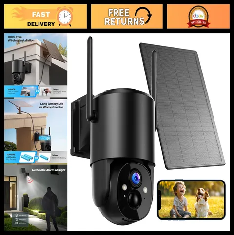 Wireless Outdoor Security Cameras - Solar Battery WiFi PTZ 360° CCTV with Floodl