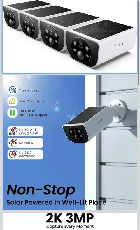 4 Pack Aoqee Solar Security Camera 3MP 2k res Outdoor Wireless WiFi Multi NEW