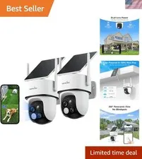 Solar-Powered Dual Lens Outdoor Security Cameras with Color Night Vision | 2PK