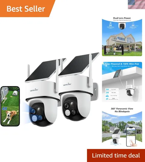 Solar-Powered Dual Lens Outdoor Security Cameras with Color Night Vision | 2PK