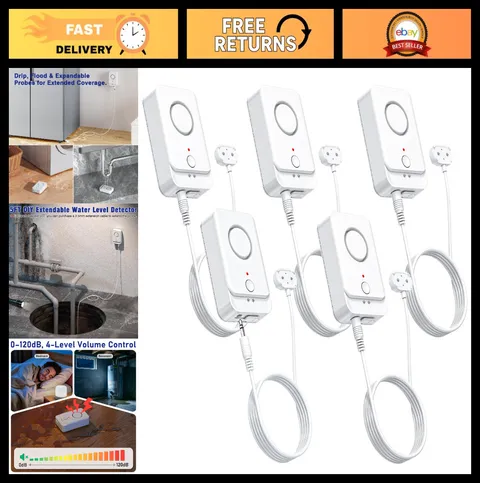 5 Pack Water Leak Detectors with 5FT Probe, 120dB Flood Alarm for Home & RV