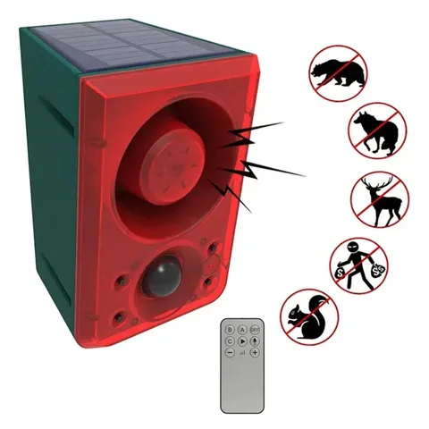 Solar Motion Sensor Alarm emits loud dog barking & gunshot sounds up to 130db