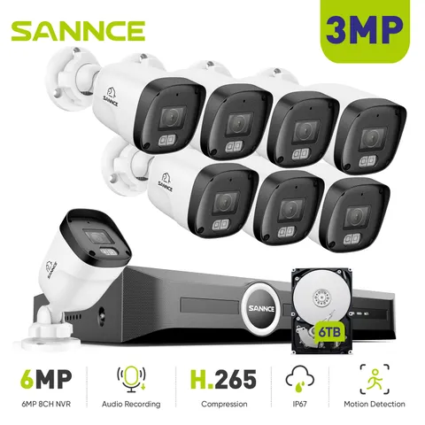 SANNCE 8CH NVR 3MP POE Security Camera System Audio Recording Outdoor IR Night
