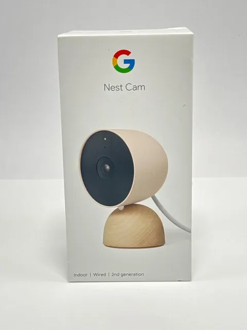 Google Nest Cam Indoor Wired 2nd Gen Sand with Maple Wood Base