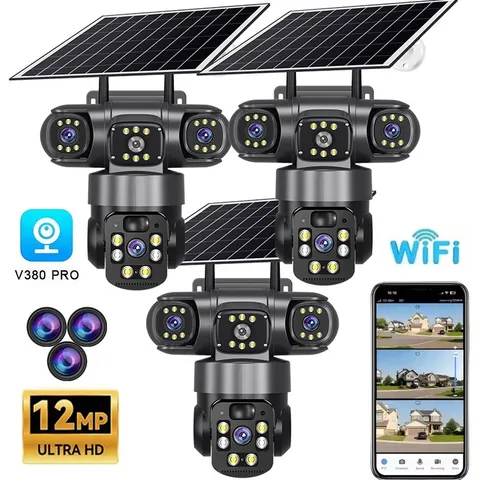 3X 3 Lens 12MP Solar Battery Home Security Camera Outdoor Wifi Wireless PTZ CCTV