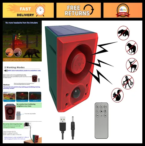 Solar Outdoor Motion Sensor Alarm with Dog Barking & Gunshot Sounds, 130dB, USB,