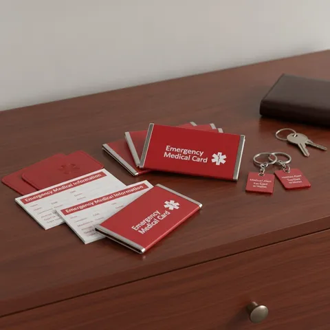 Medical Alert Wallet Card Set, 4 Pc, Card Holders, 2 Keychain Tags, Red