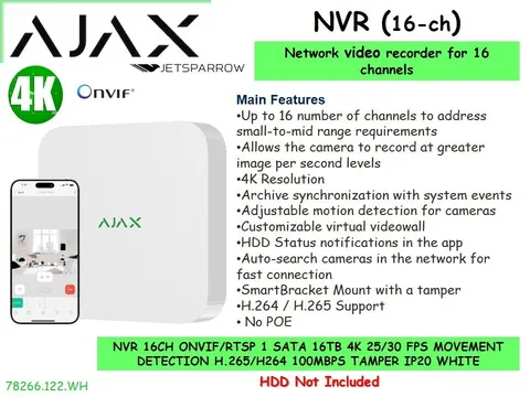 AJAX 16-Channel NVR, 4K Resolution, ONVIF (Profile S/T) White (NO HDD)