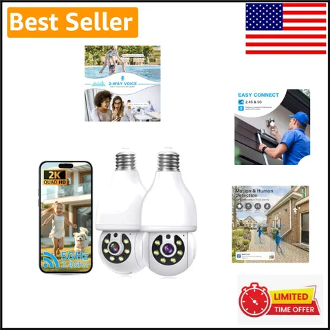Smart 2K Light Bulb Security Cameras - Dual-Band WiFi with Night Vision, 2 Pack