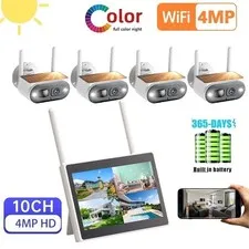4MP Solar Battery Wireless Security Cameras System 10" Monitor NVR Outdoor PIR