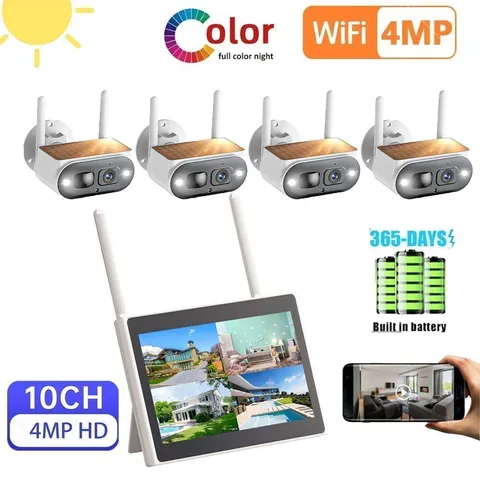 4MP Solar Battery Wireless Security Cameras System 10" Monitor NVR Outdoor PIR