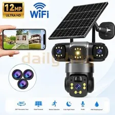 12MP 3 Lens Solar Camera Battery Home Security Outdoor Wifi Night Vision Camera