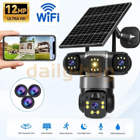12MP 3 Lens Solar Camera Battery Home Security Outdoor Wifi Night Vision Camera