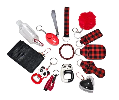 Red & Black Self Defence Keychain Set With Carnelian Crystal Bracelet