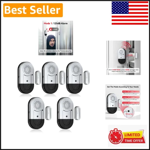 Easy Install Door Window Alarm Set - 5 Pack, 125dB Volume Control Security