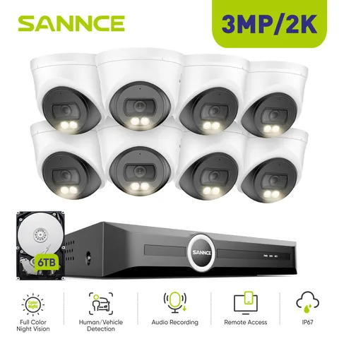SANNCE 8CH NVR 3MP PoE IP Security Camera System Color Night Vision Audio Record