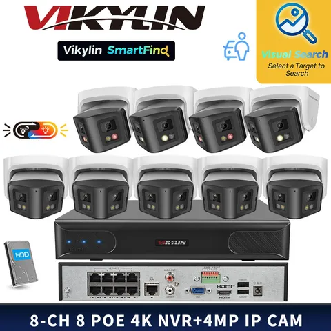 VIKYLIN SmartFind MD 8POE 8CH NVR System Panoramic Dual Light 4MP IP Camera Lot