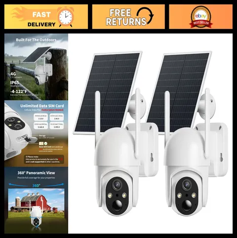 2 Pack Solar Powered 4G LTE Security Cameras, No WiFi Needed, 2K Night Vision, 3