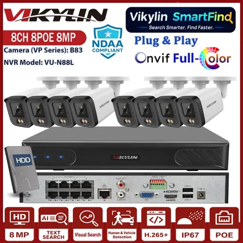 Vikylin SmartFind 8CH 8POE NVR Kits 4K 8MP POE Full Color IP Camera System Lot