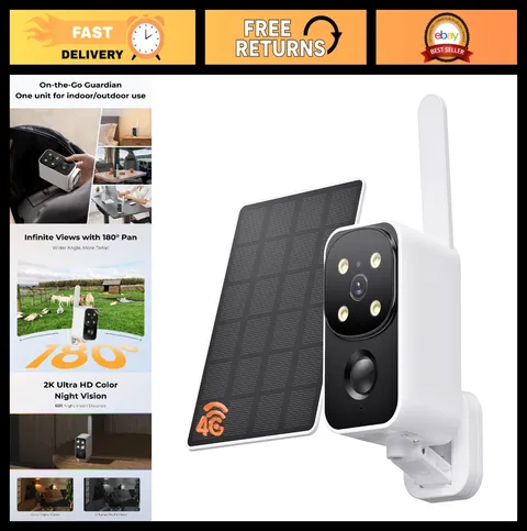 4G LTE Cellular Security Camera, 180° Pan, 2K Live Feed, Color Night Vision, Mot