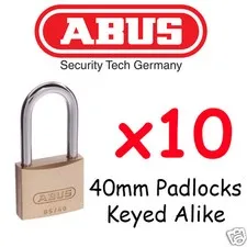PADLOCKS KEYED ALIKE BULK LOT ABUS 40mm with extended Shackle x10 Padlocks