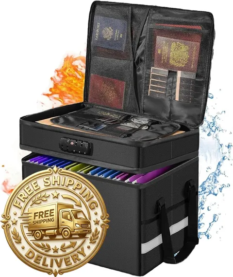 2 Layer Fireproof Document Box with Lock, File Box Water-Resistant File Organize