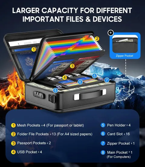 Fireproof Document Box with Lock, Hard-Shell Fireproof Safe for Home Documents,