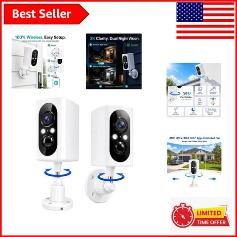 360° Viewing 2-Pack Wireless Security Cameras - Motion Alerts & Dual Storage
