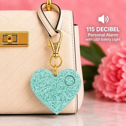 Ahh!-Larm 115dB Personal Safety Alarm Mint Glitter Heart Keychain LED Sparkle
