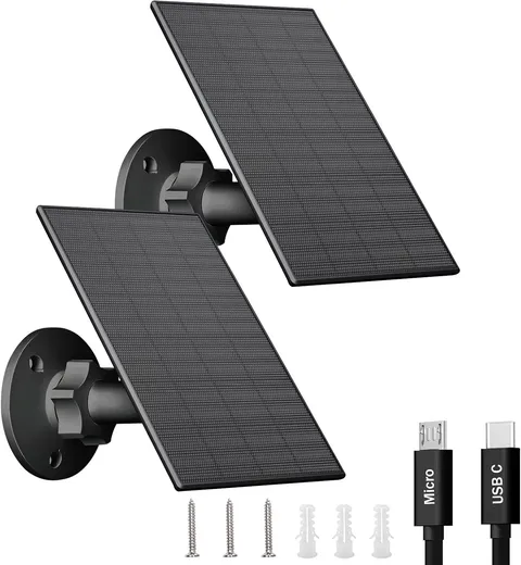 2W Solar Panel for Security Cameras, USB-C and USB, Black, 2 Pack | Solar Charge