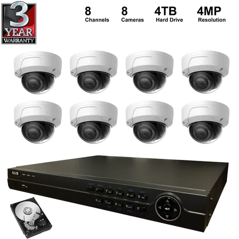 NVR Kit: 8 Channel NVR+4TB Hard Drive+4MP Dome IP Cameras (8 Pieces)