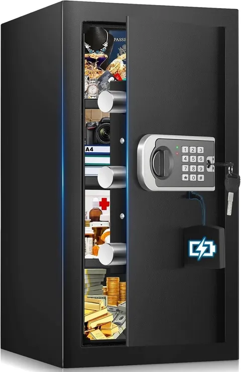 Elegant Black Home Safe - 4.6 Cubic Feet with Removable Shelves and Silent Mode