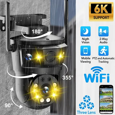 12MP Three Lens WIFI IP Camera Outdoor PTZ Cam CCTV Home Security Night Vision