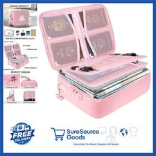 Pink Fireproof Document Box with Lock Waterproof File Organizer 15''x11''x4''