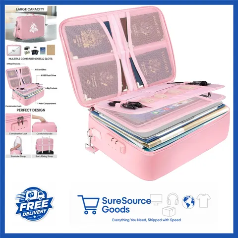 Pink Fireproof Document Box with Lock Waterproof File Organizer 15''x11''x4''