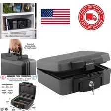 Fireproof Waterproof Safe Portable Lock Box with Key Lock and Carrying Handle