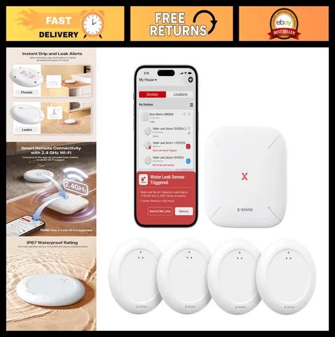 Smart Wi-Fi Water Leak Detector Kit, 4 Sensors & Base Station, App Alerts, Ultra